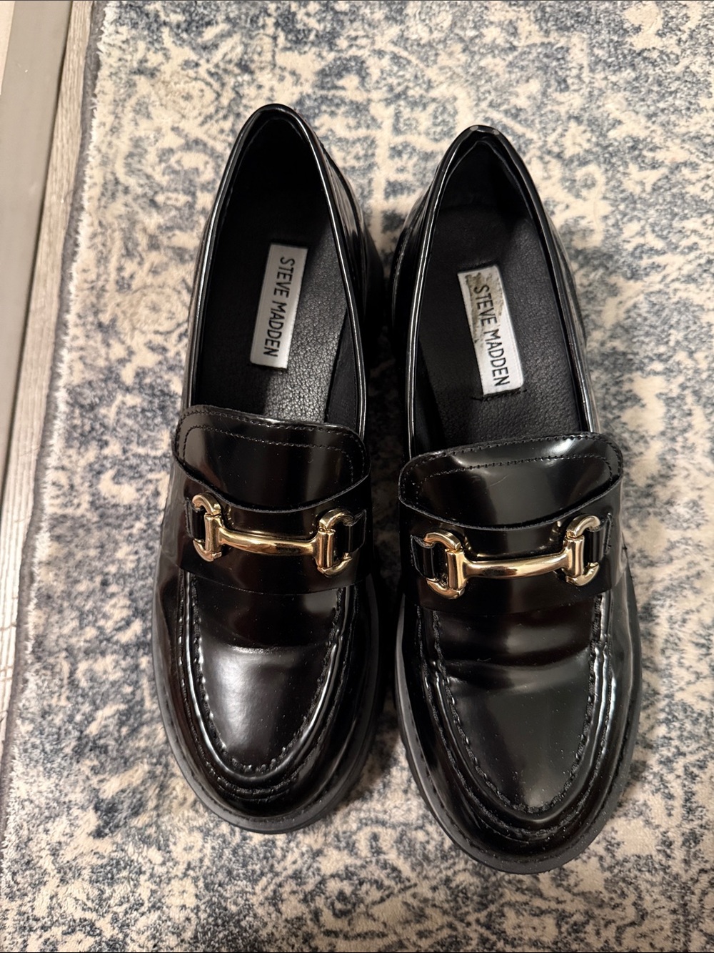 Steve Madden Black Patent Loafers with Gold Hardware Accents